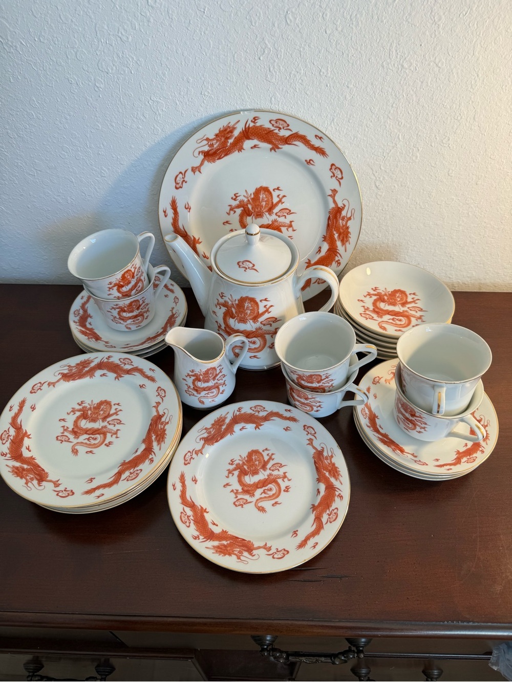 Porcelain Tea Set with Red Dragon Motif - Elegant Home Dining